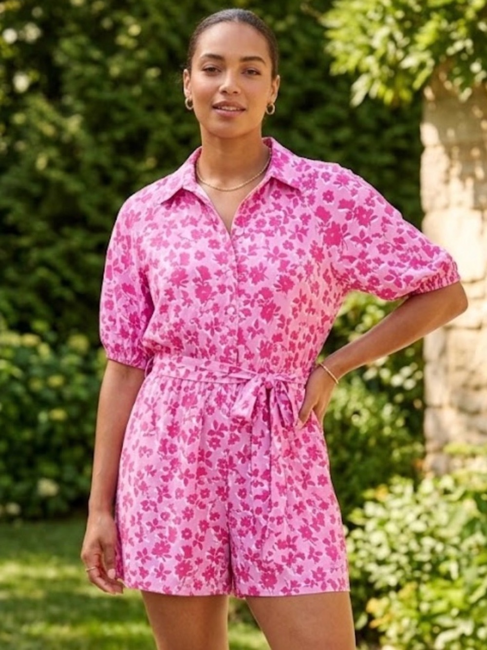 Eloquii Pink Floral Short HairPuff Sleeve Belted Button Down Casual Collared Rom